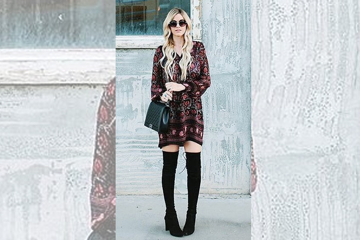 Patterned dress and over the knee boots