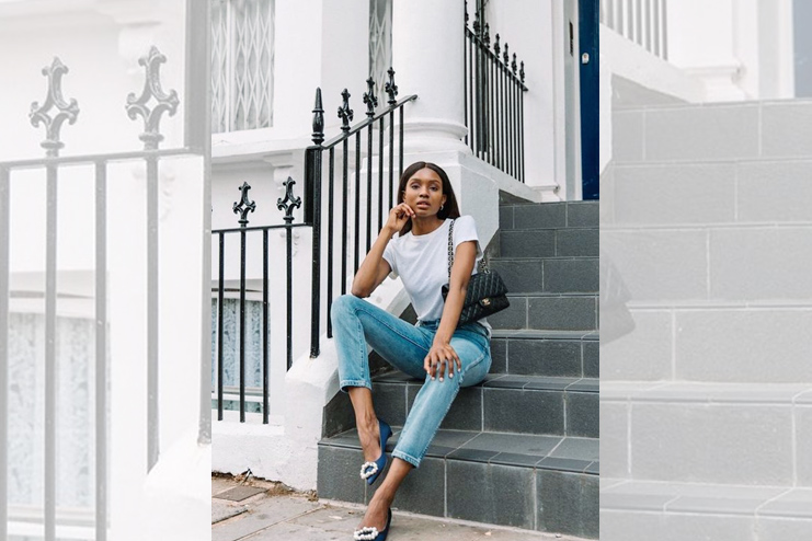 White top and blue jeans