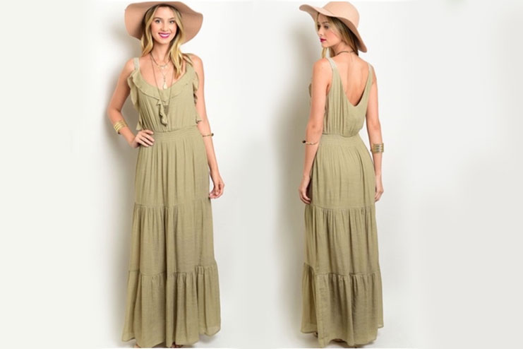 Sweep Train Boho Olive Dress