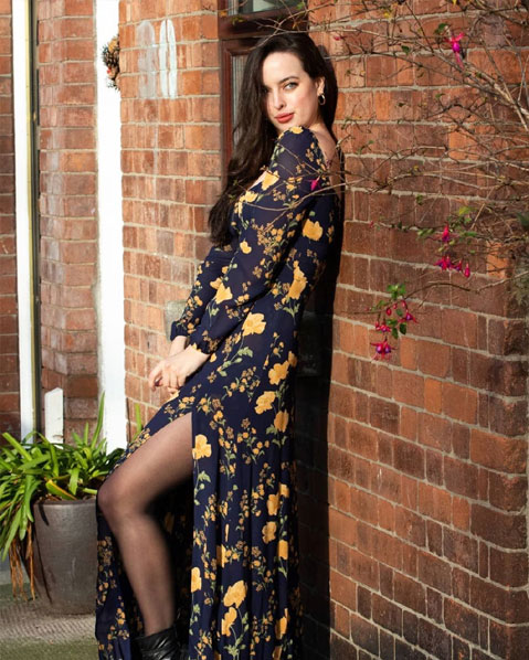 Navy Blue And A Yellow Printed Long Dress