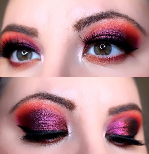 Double Shade Purple And Orange Eyeshadow For A Burgundy Dress