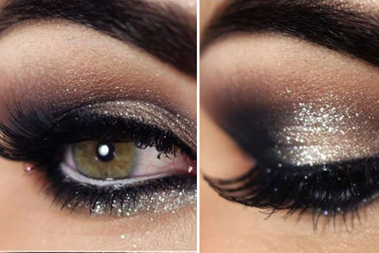 Glitter And Black Smokey Eye Makeup For A Black Dress