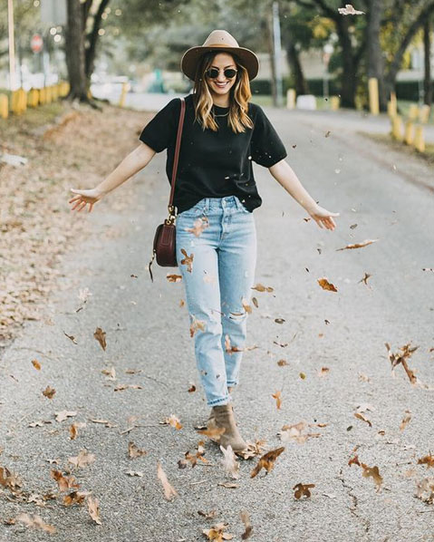 The Street Style Look Black T-Shirt Blue Jeans And Ankle Length Boots