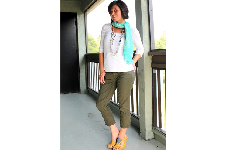 Aquamarine Scarf, White Top With Olive Pants