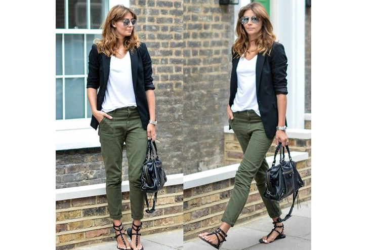 Black Blazer A White T-Shirt And An Olive Green Pant