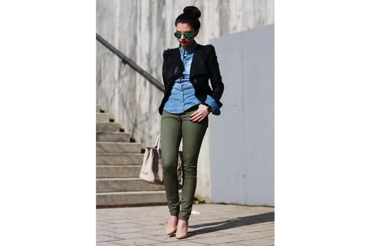 Black Blazer Denim Shirt With Olive Green Pants