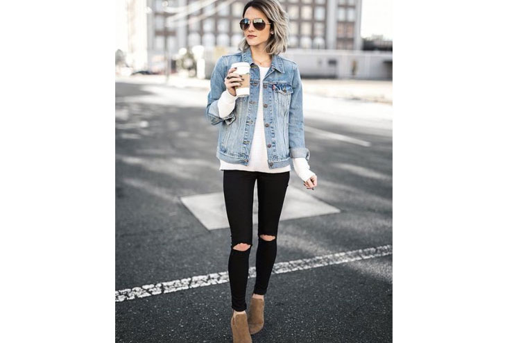 Denim Jacket Full-sleeves Long Shirt And Ripped Jeans