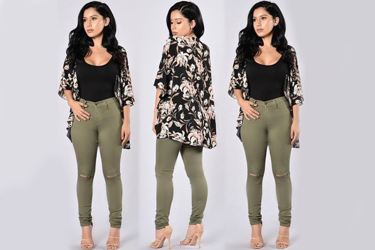 Floral Jacket And Plain Black T-Shirt With Olive Green Pants