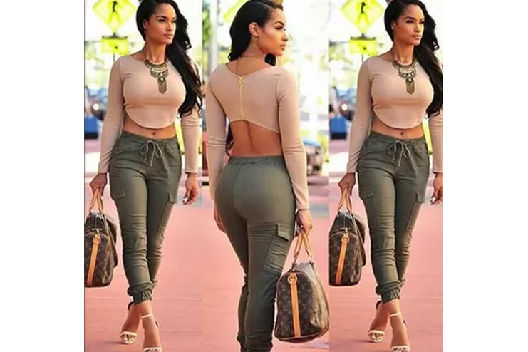 Nude Crop Top And Olive Green Pants
