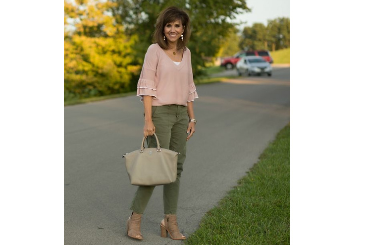 Pink Ruffled Top With Olive Green Pants