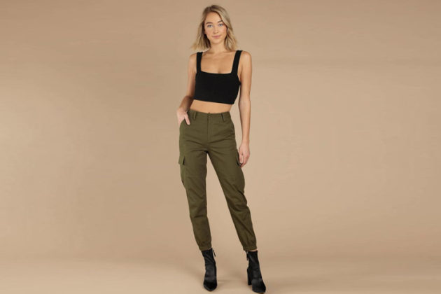 black shirt with olive green pants