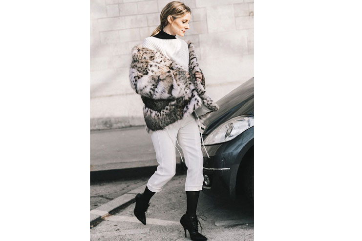 White Cropped Pants Black Leather Boots White Fur Jacket