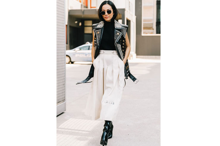 White Pleated Cropped Pants, Black Leather Boots Sleeveless Long Waist Coat