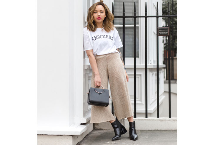 Wide Leg Beige Cropped Pants, Black Leather Boots Tucked-In White T-Shirt